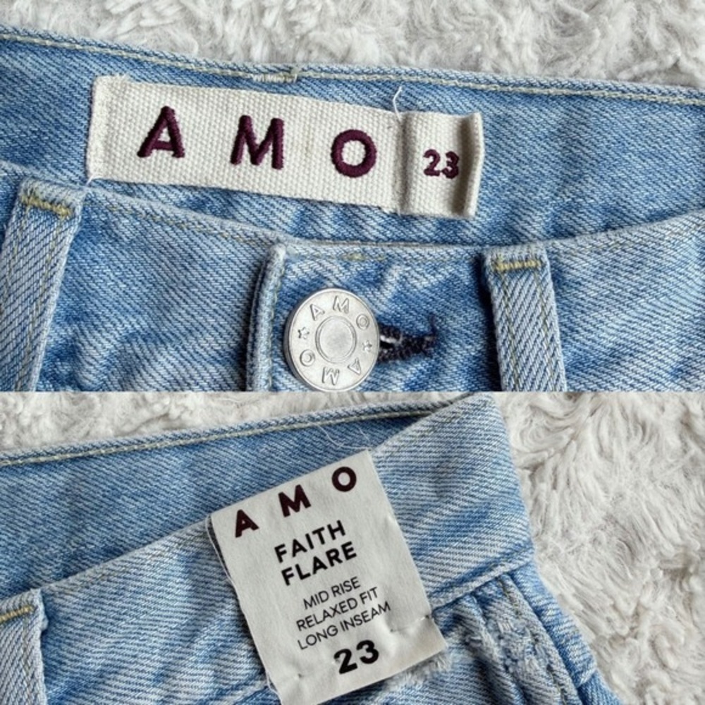 AMO Faith Flare Jeans‎ Light Wash Distressed Ripped Knee Relaxed Fit Mid Rise 23 - Picture 2 of 13